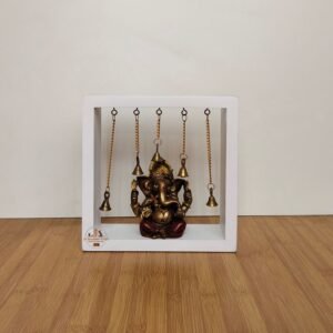 Ganesha Seated on Lotus in Wood Frame | Brass Wall Hanging
